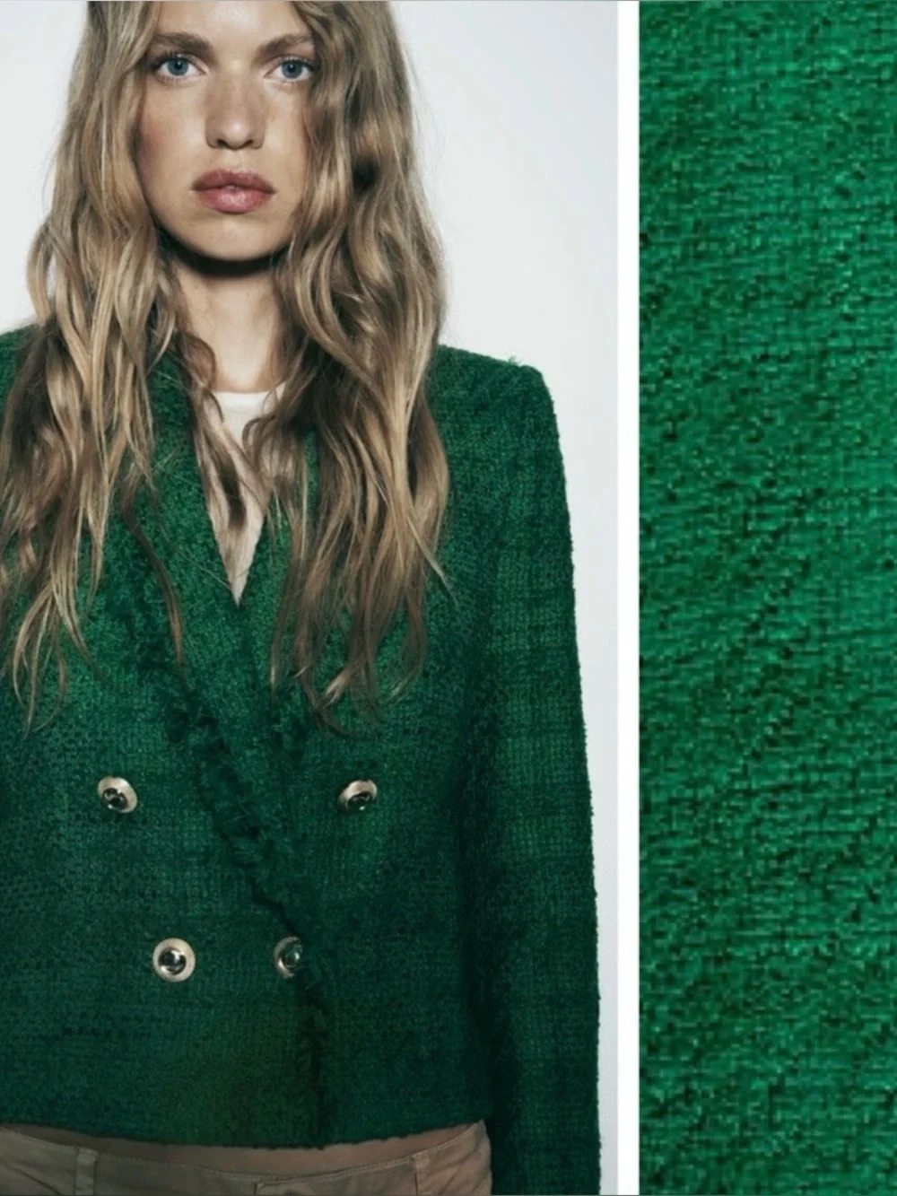 NWT Zara Gold Button Emerald Green Tweed Cropped Blazer Size:SMALL - Picture 7 of 10
